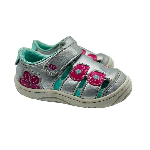 Stride Rite Soft Motion Silver Pink Flowers Shoes Sandals Size 5.5 - Picture 1 of 10